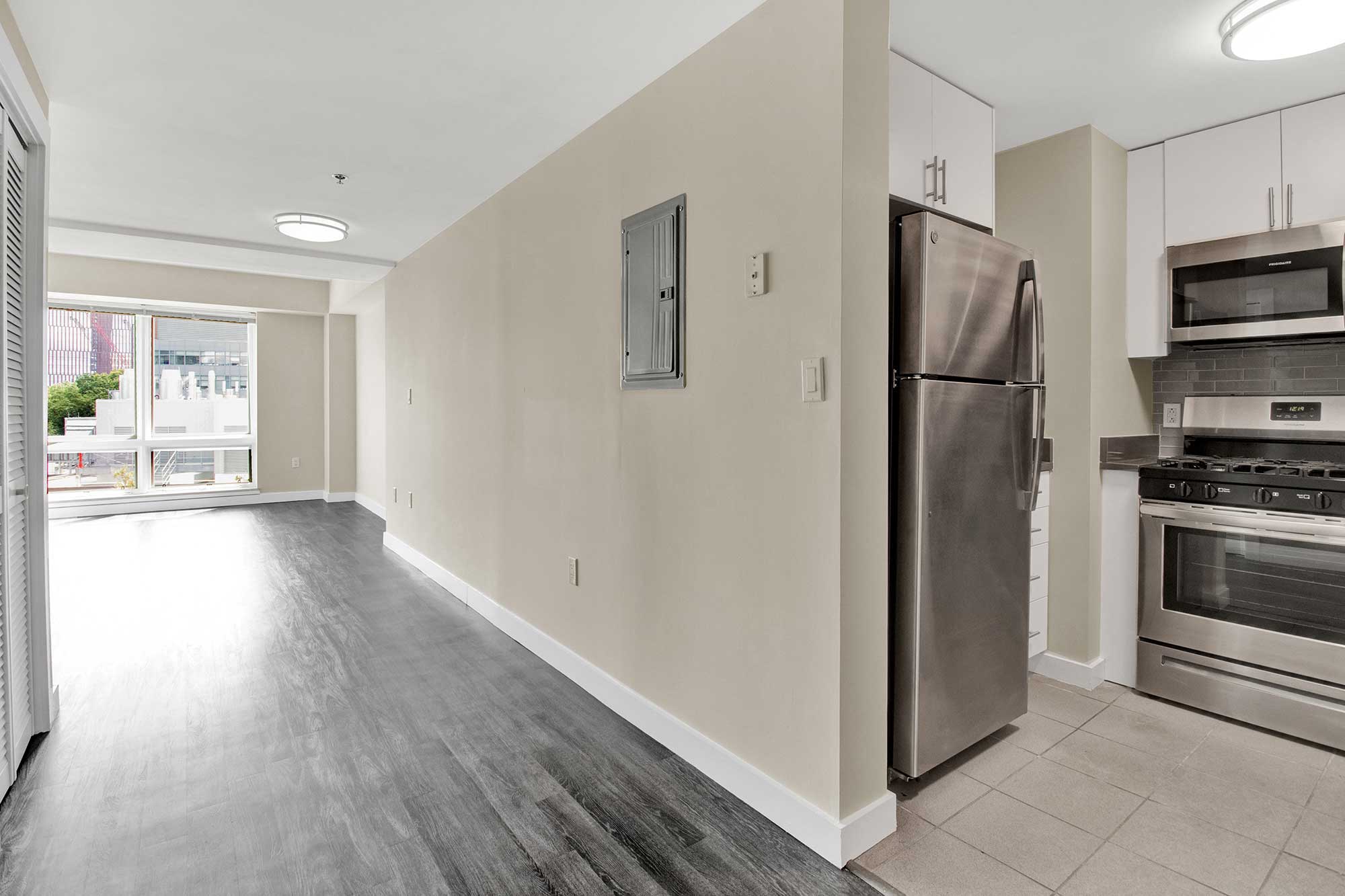 In between view of kitchen and living space