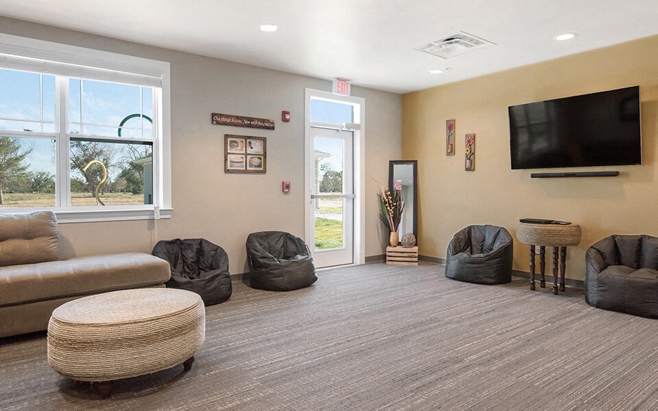 a living room with couches and chairs and a tv