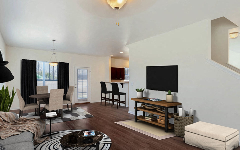 a living room with a couch and a table