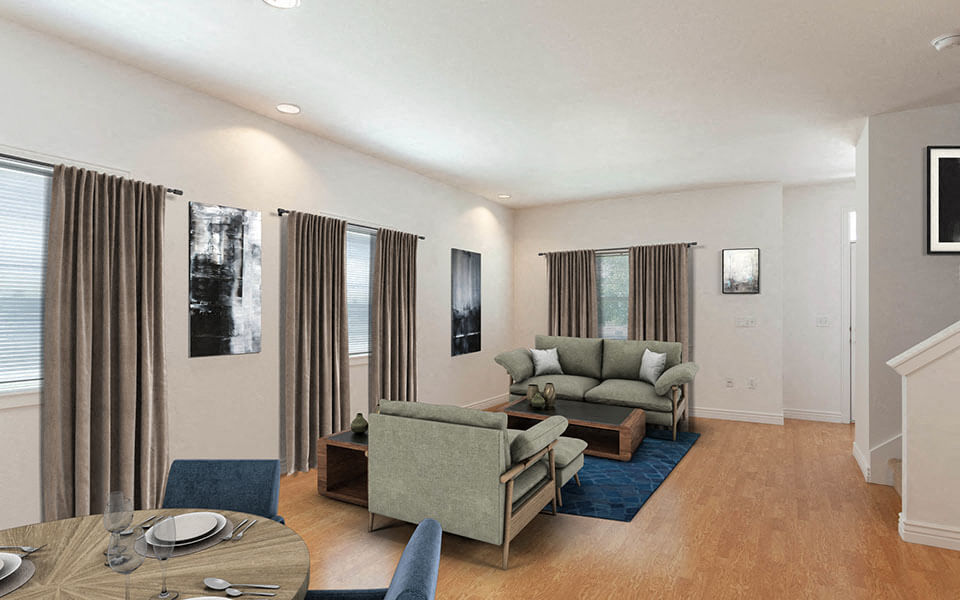 a living room with a couch and a table