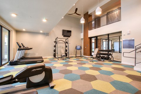 A gym with a treadmill, weights, and exercise equipment.