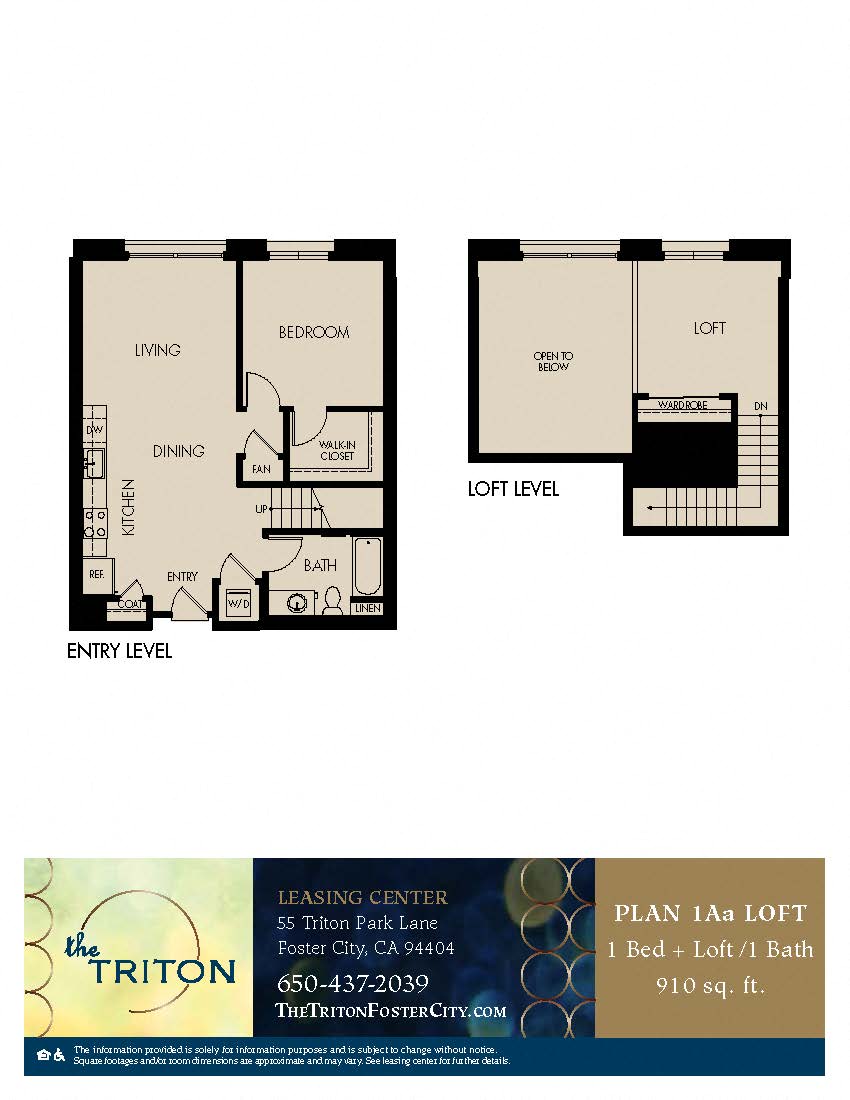 The Triton Foster City CA 1 Bedroom 1Aa Loft Sq Ft 910