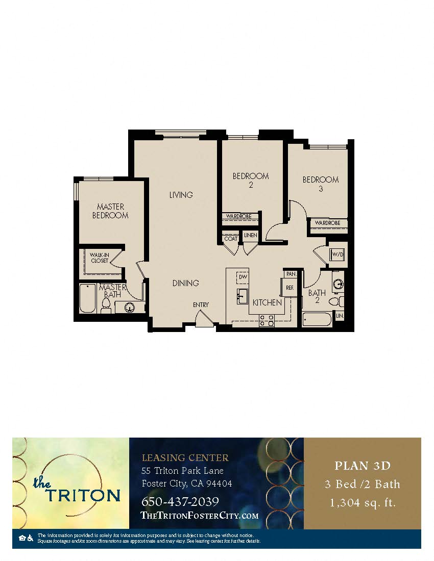The Triton Foster City CA 3 Bedroom 3D Sq Ft 1304