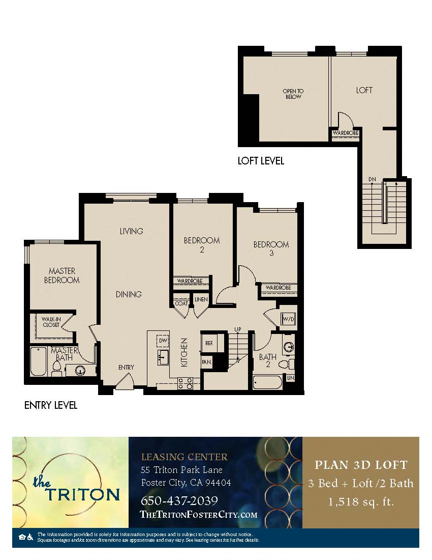 The Triton Foster City CA 3 Bedroom 3D Loft Sq Ft 1304