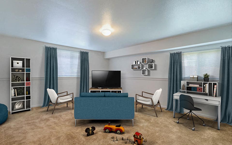 a living room with a couch and a television