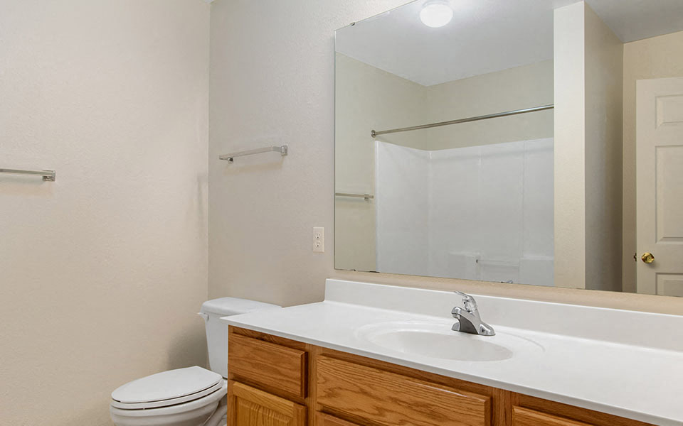 a bathroom with a sink toilet and a mirror