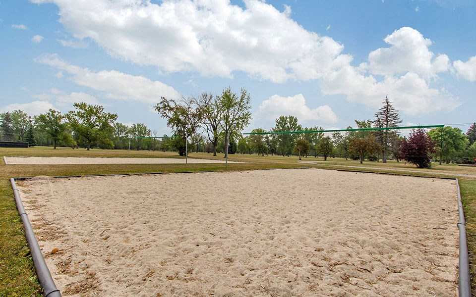 a sand volleyball court in a park with trees