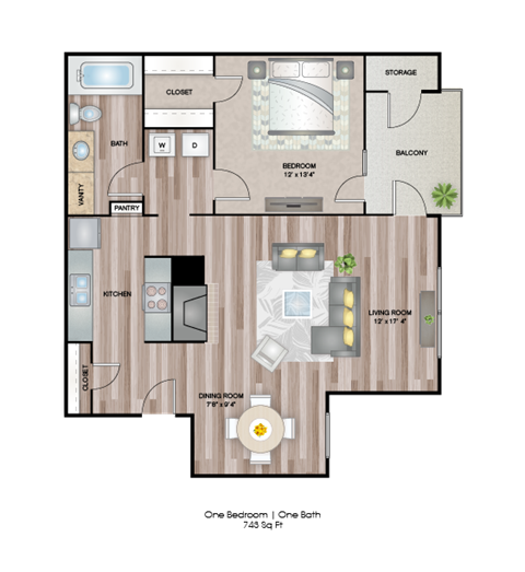 One Bed One Bath Floor Plan at Timberglen Apartments, Dallas, Texas