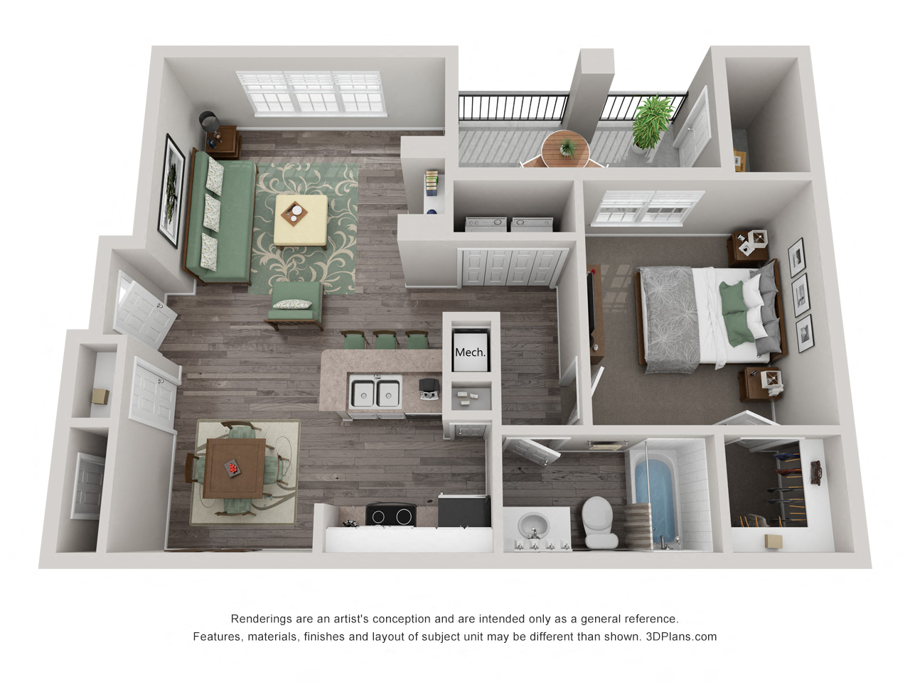 A1, 1 bed 1 bath, 689 sq ft