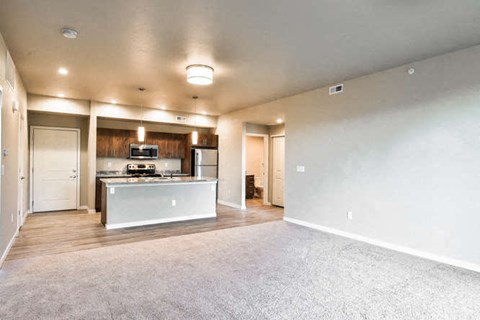 an empty living room and kitchen with a refrigerator and a sink