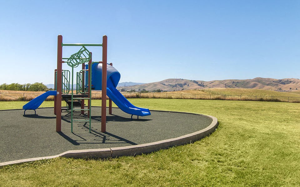a playground with slides on a roundabout in a field