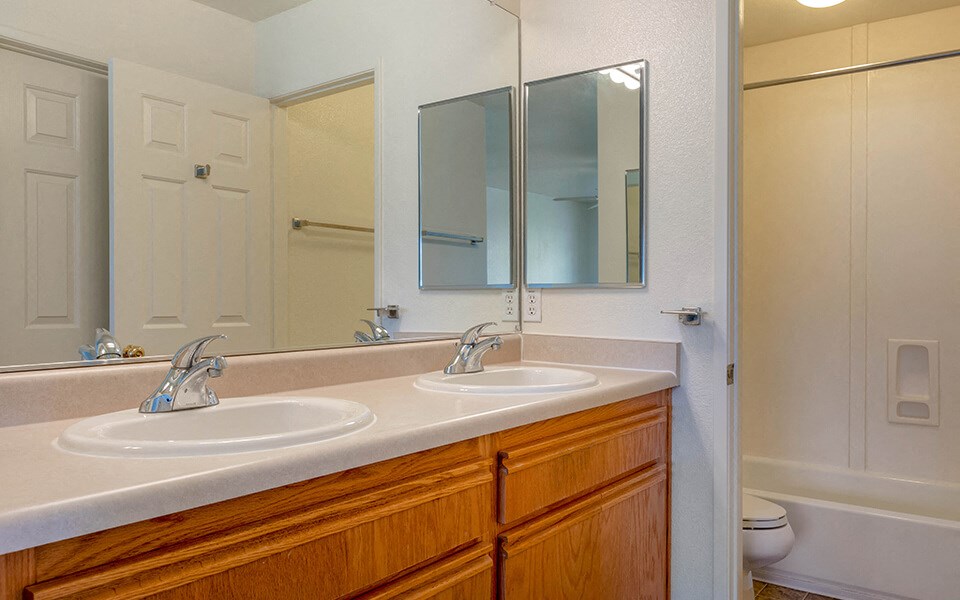 a bathroom with two sinks and a mirror