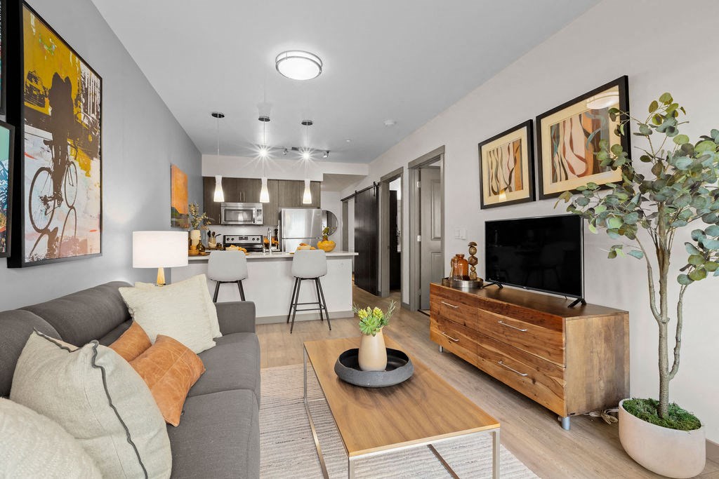 a living room with a couch and a tv