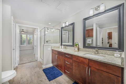 a bathroom with two sinks and a large mirror