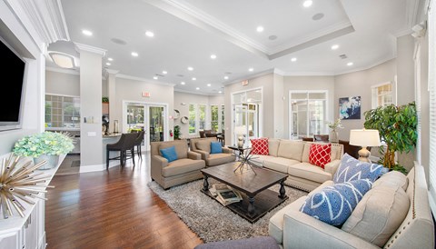 a living room with couches and a table