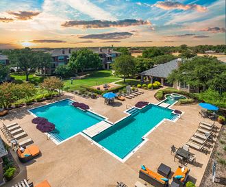 an aerial view of the resort style pool and amenities at the estates at eastern shore