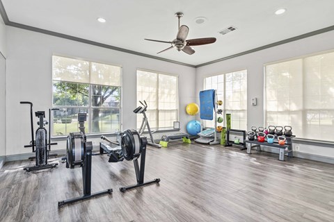 the gym with plenty of windows and a ceiling fan