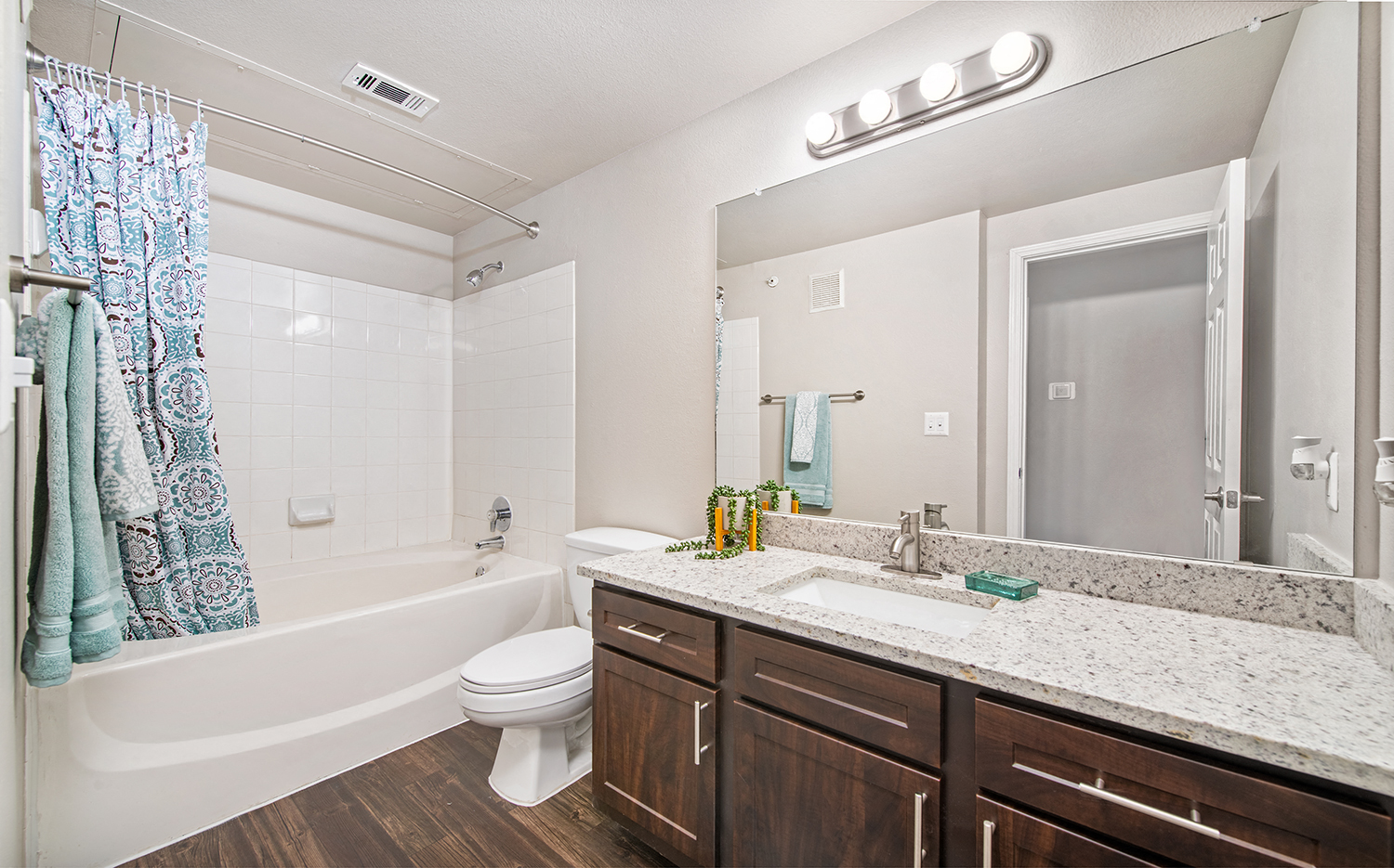 a bathroom with a shower toilet and sink and a mirror