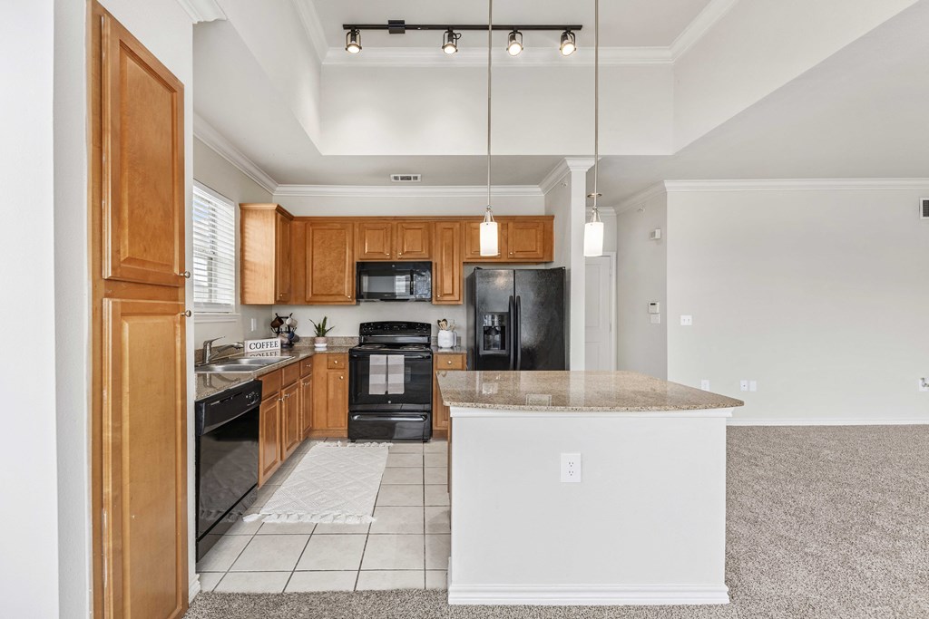 a kitchen with black appliances and a marble counter top