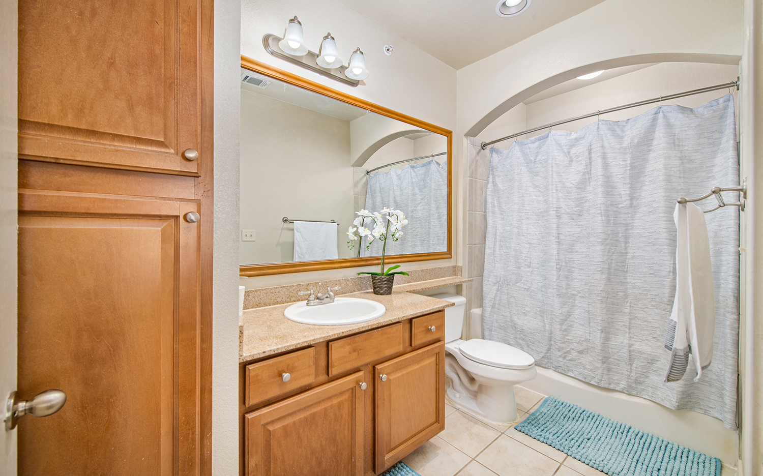 a bathroom with a shower toilet and sink and a mirror