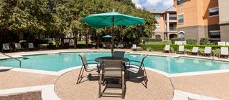 our apartments offer a swimming pool with chairs and an umbrella