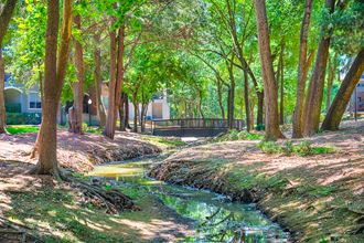 a creek in a park with trees and a bridge