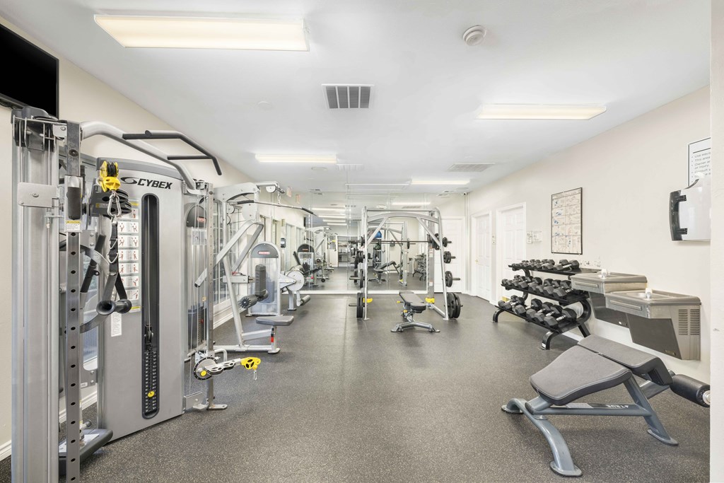 A well-equipped gym with a variety of machines and weightlifting equipment.