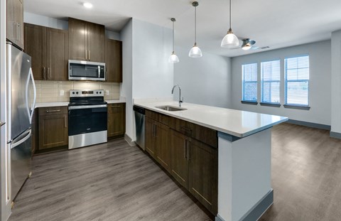 the preserve at ballantyne commons apartment kitchen with stainless steel appliances