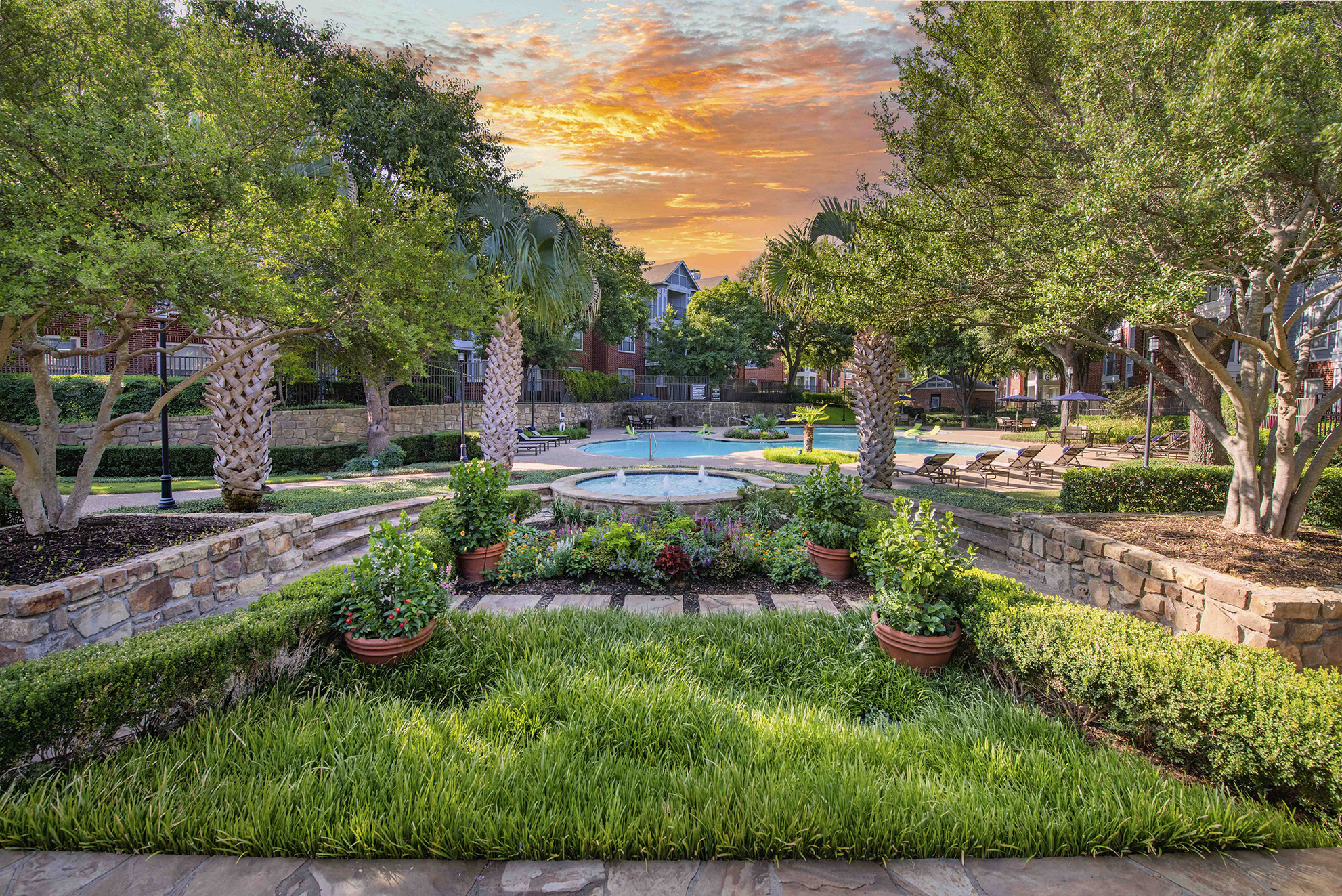 a garden with trees and potted plants and a swimming pool