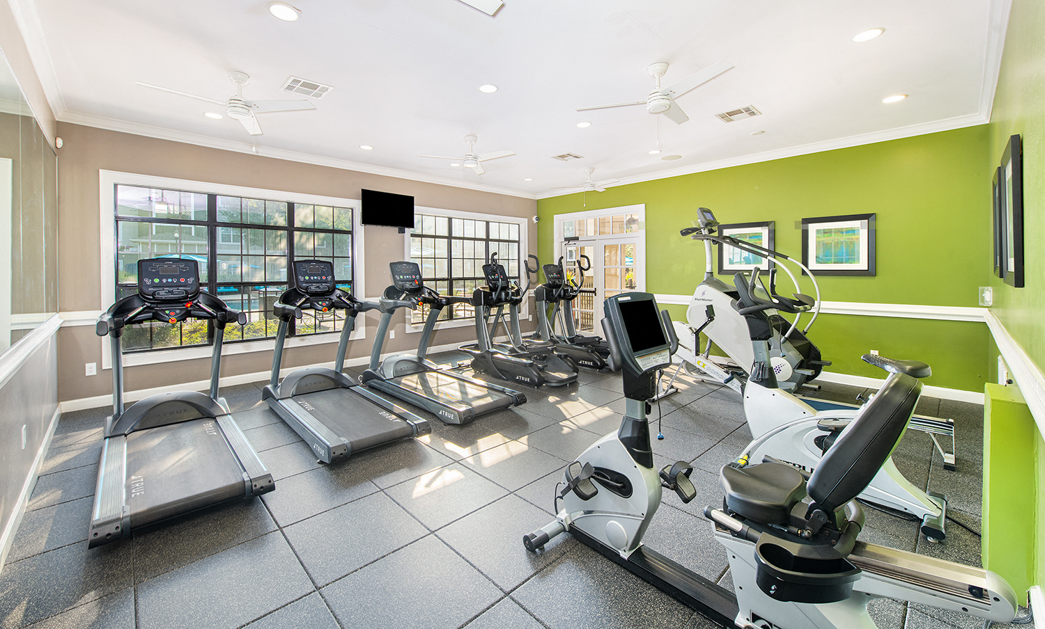 a gym with cardio equipment and green walls and windows