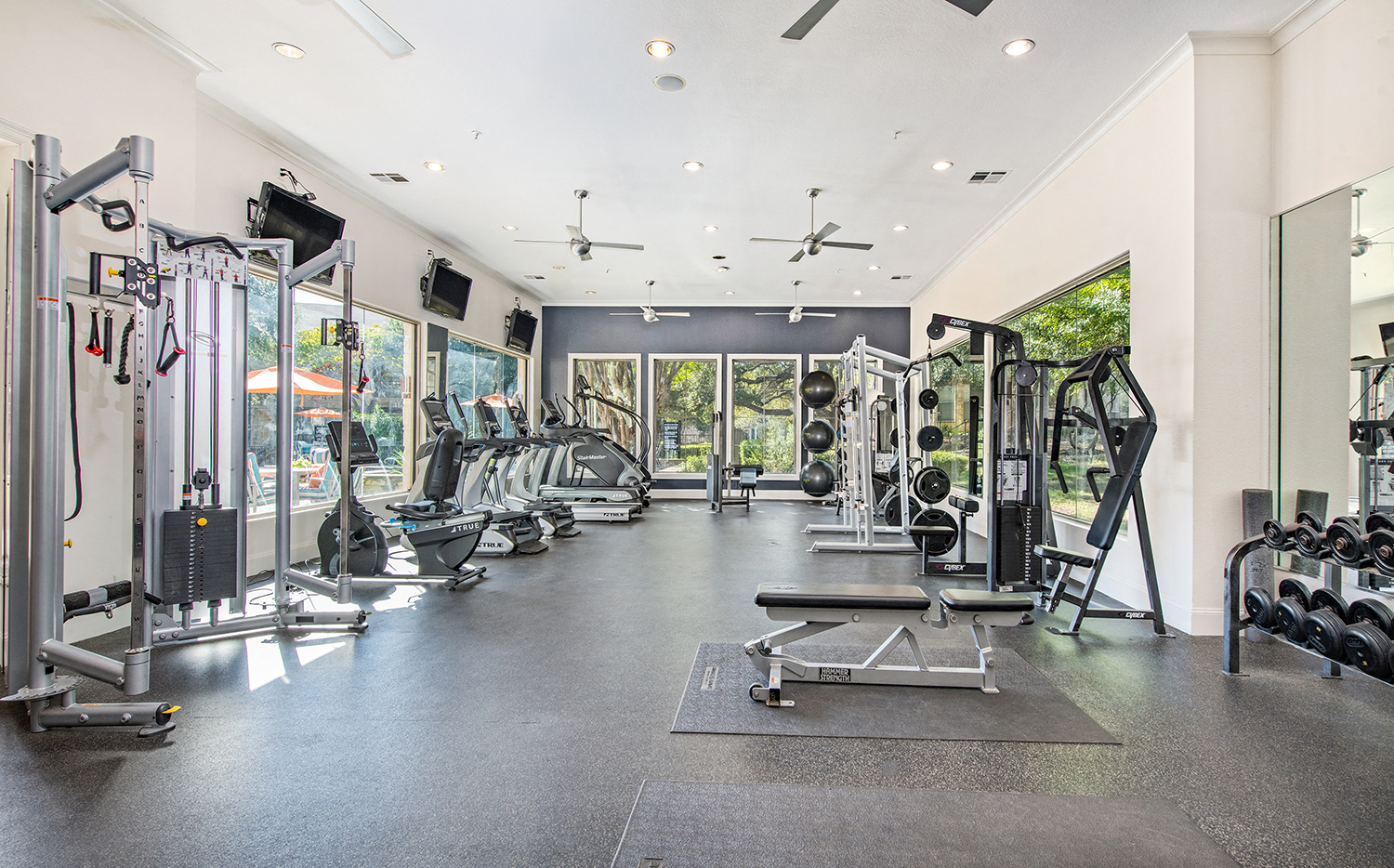 a gym with weights and cardio equipment and windows