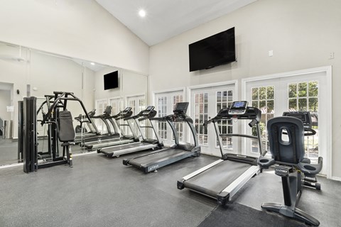 A spacious gym with treadmills, elliptical machines, and a television.