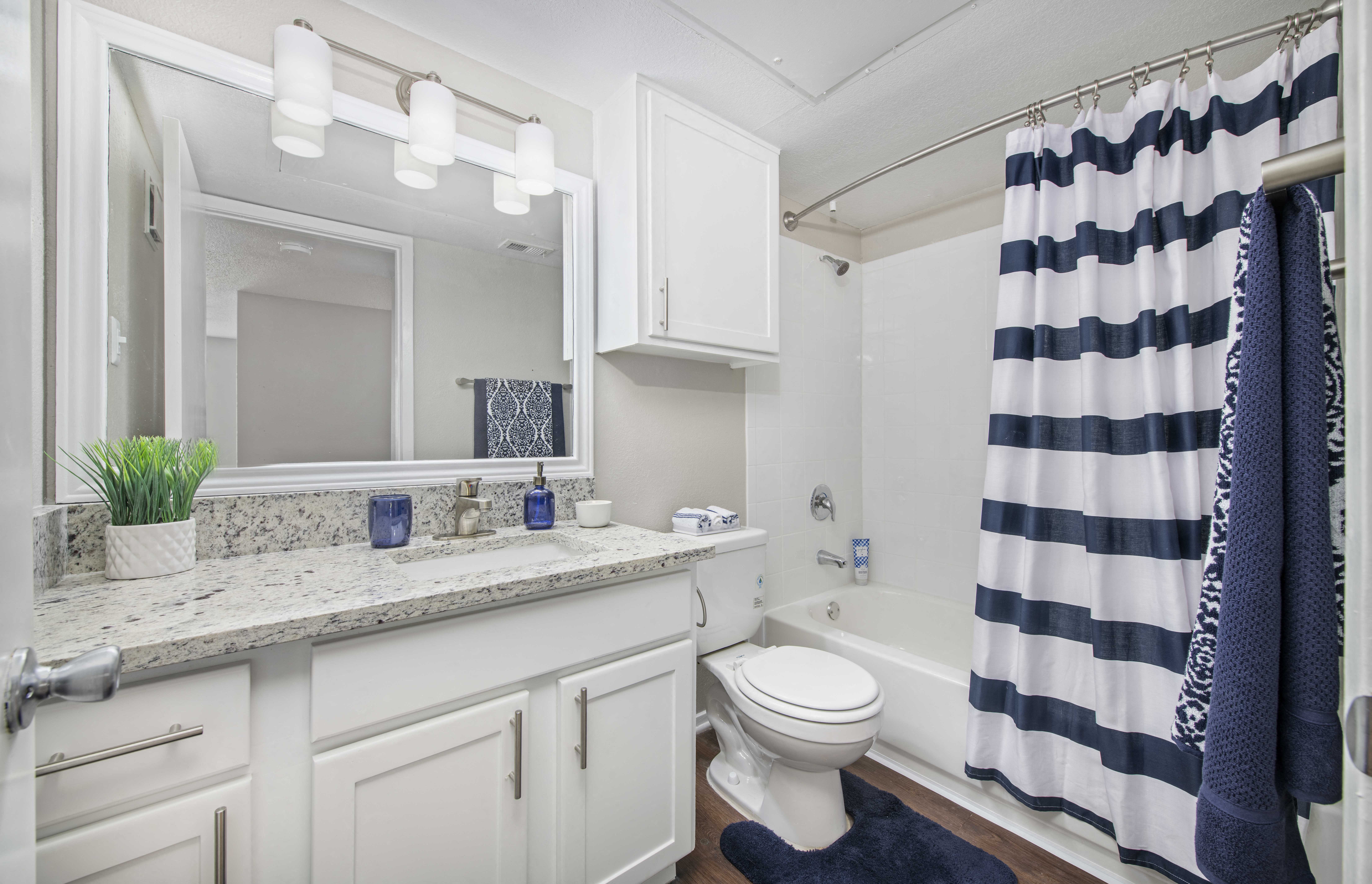 a bathroom with a shower curtain and a toilet and a sink