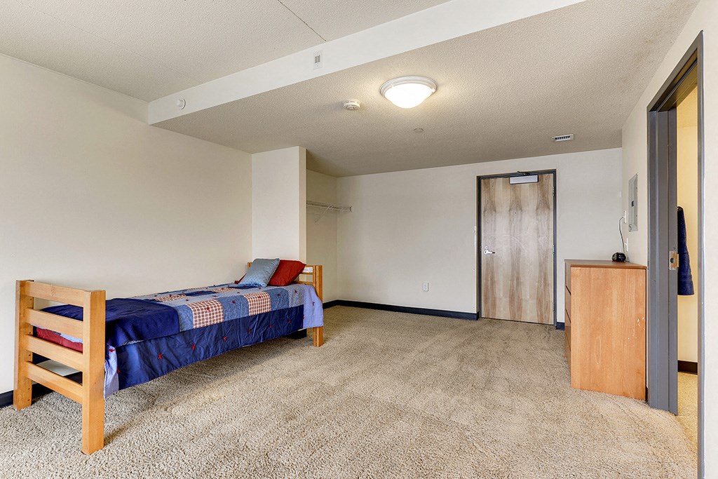 a bedroom with a bed and a closet