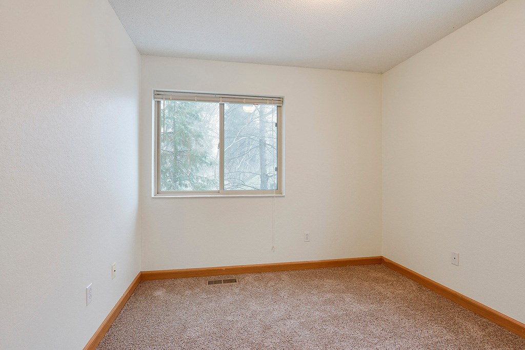 an empty room with a window and carpet