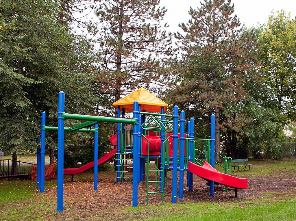 a playground with a slide and other toys in a park