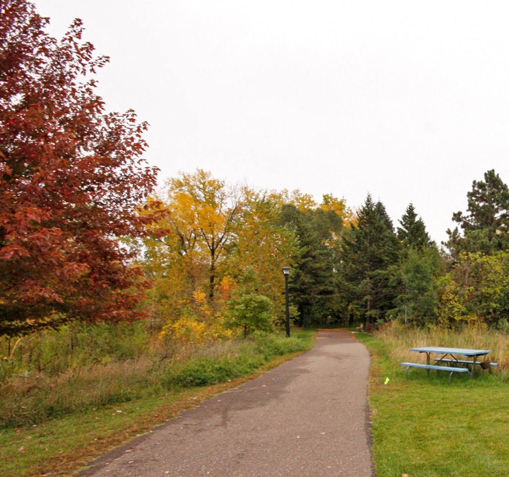 a picnic table on the side of a trail in a park