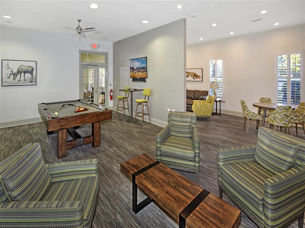 Social Clubroom with Entertaining Space and Billiards Lounge at Alden Place at South Square Apartments, Durham, NC