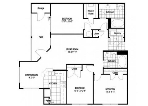 Columbia Floorplan 3 Bedroom 2 Bath 1276 Total Sq Ft at Cambridge Square Apartments, Overland Park, KS 66211
