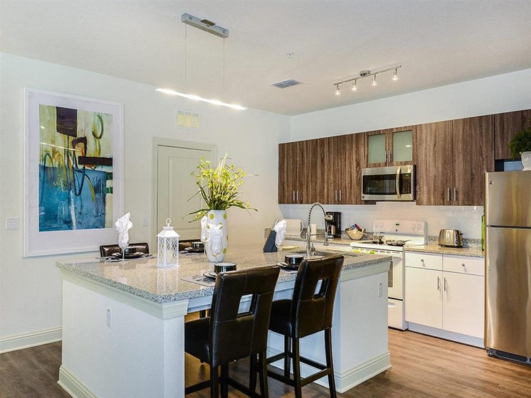Open Floor Plan Kitchen with Wood Plank Vinyl Flooring (in Select Units) and Chef's Table-inspired Islands at EOS Apartments, Orlando, FL 32826