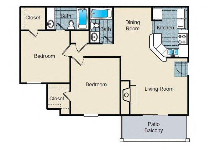 Two Bedroom Vaulted Floorplan 2 Bedroom 2 Bath 938 Total Sq Ft at Hampton Woods Apartments, Shawnee, KS 66217