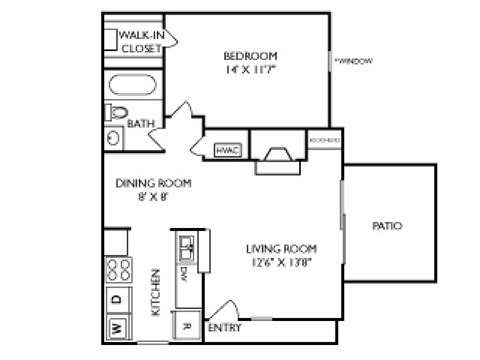 The Executive Floorplan 1 Bedroom 1 Bath 669 Total Sq Ft at Pointe Royal Townhome Apartments, Overland Park, KS 66213