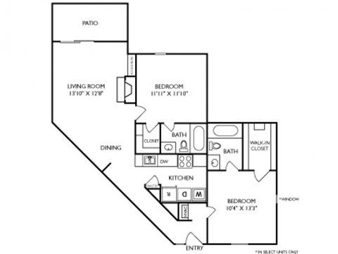 The Hampton Floorplan 2 Bedroom 2 Bath 946 Total Sq Ft at Pointe Royal Townhome Apartments, Overland Park, KS 66213