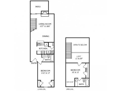 The Windsor Floorplan 2 Bedroom 2 Bath 1153 Total Sq Ft at Pointe Royal Townhome Apartments, Overland Park, KS 66213