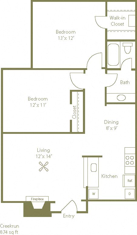 Creekrun Floorplan 2 Bedroom 1 Bath at Stewarts Ferry, Tennessee