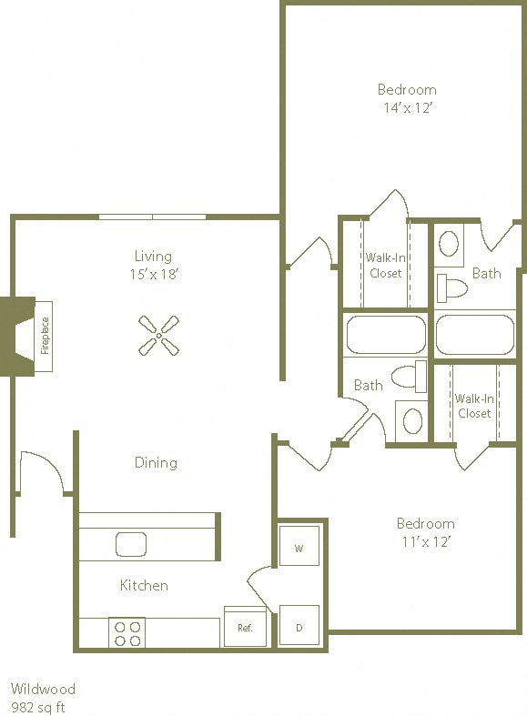 Wildwood Floorplan 2 Bedroom 2 Bath at Stewarts Ferry, Tennessee, 37214