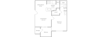 Ascot Floorplan 1 Bedroom 1 Bath 564 Total Sq Ft at The Edge of Germantown Apartments Home, Memphis, TN 38120