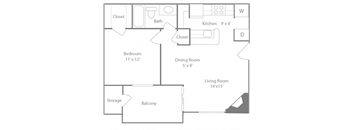 Belmont Floorplan 1 Bedroom 1 Bath 648 Total Sq Ft at The Edge of Germantown Apartments Home, Memphis, TN 38120