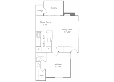 Brighton Floorplan 1 Bedroom 1 Bath 728 Total Sq Ft at The Edge of Germantown Apartments Home, Memphis, TN 38120