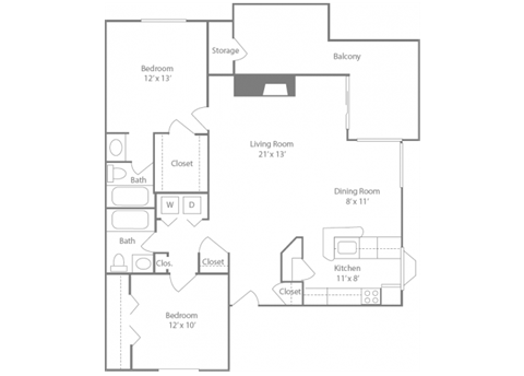 Epsom Floorplan 2 Bedroom 2 Bath 1090 Total Sq Ft at The Edge of Germantown Apartments Home, Memphis, TN 38120